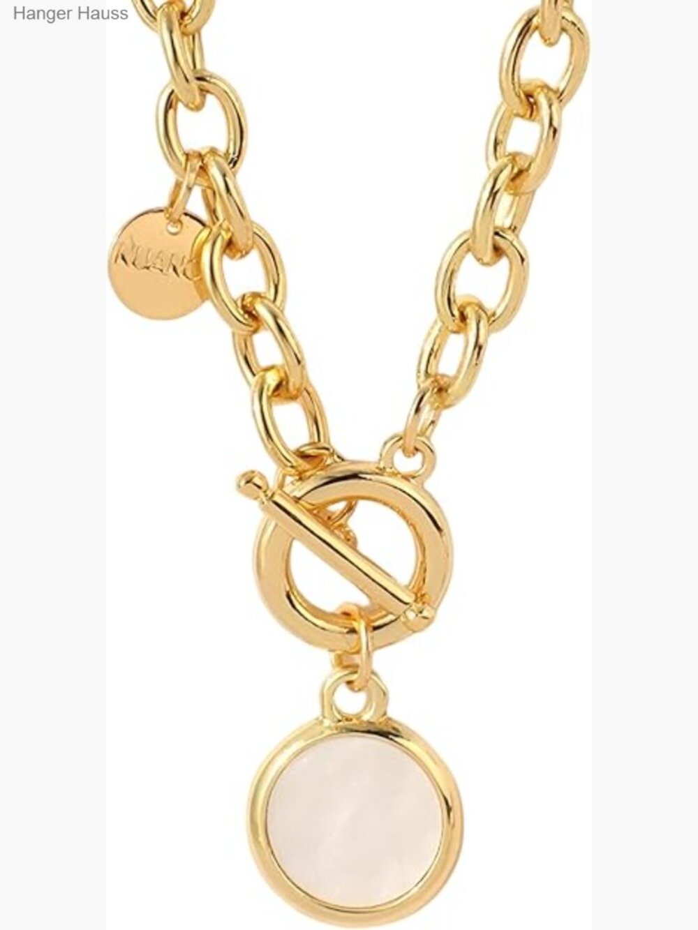 14k Gold Paperclip Toggle Necklace with Lock Coin Pendant Long Chain